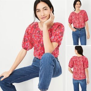ANN TAYLOR Floral Pleated Jewel Neck Blouse Short Raglan Sleeve Elastic Cuff